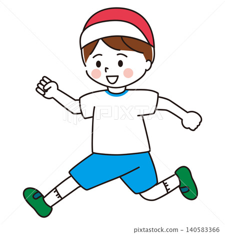 An illustration of a boy in gym clothes running energetically. 140583366