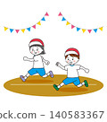 An illustration of a girl and a boy in gym clothes running energetically on a playground. 140583367