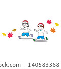 An illustration of a girl and a boy in gym clothes running energetically, with autumn leaves. 140583368