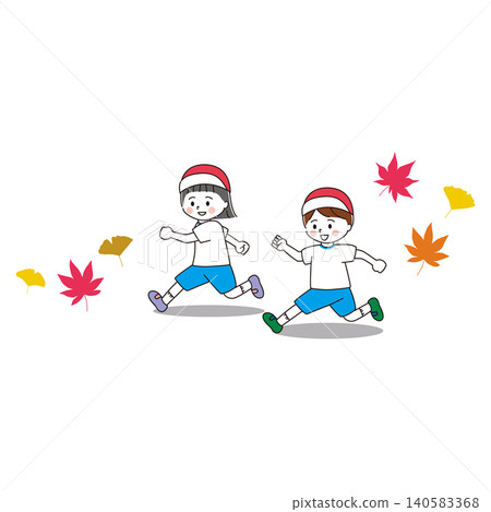 An illustration of a girl and a boy in gym clothes running energetically, with autumn leaves. 140583368