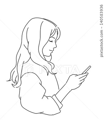 側視圖，描繪了一位女性操作智慧型手機的場景。 140583936