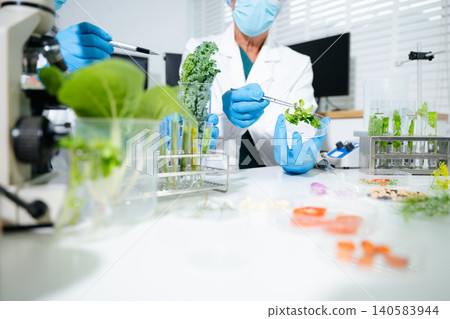 Scientists conducting plant biotechnology research in laboratory. Food science testing, agricultural innovation, healthcare analysis Scientists conducting plant biotechnology research in laboratory. Food science testing, agricultural innovation, healthcare analysis 140583944