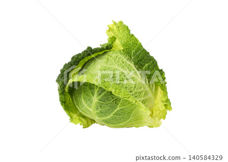 Cabbage with green leaves rests on a surface, isolated, PNG 140584329