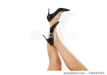Black high heels worn on legs with a white background, PNG Black high heels worn on legs with a white background, PNG 140584363