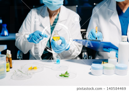 Medical laboratory research with scientist and doctor working on experiments, healthcare innovation, biotechnology, diagnostics and modern medical science 140584469