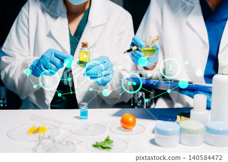cientific skincare research with cosmetic serum, cream and natural oil extraction in laboratory. 140584472