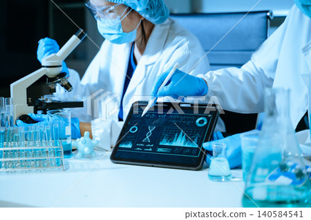 Medical scientists performing biotechnology laboratory research with DNA molecular analysis, microscope testing and digital healthcare technology Medical scientists performing biotechnology laboratory research with DNA molecular analysis, microscope testing and digital healthcare technology 140584541