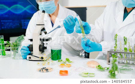 Scientists analyzing plant samples in biotechnology laboratory using microscope and test tubes. Concept of medical research, food science Scientists analyzing plant samples in biotechnology laboratory using microscope and test tubes. Concept of medical research, food science 140584557
