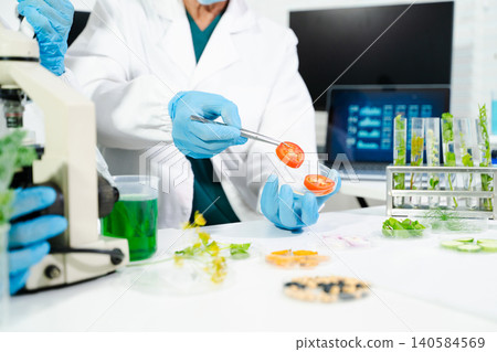 Food scientists in lab coats, testing samples, and analyzing food safety and quality in a modern laboratory Food scientists in lab coats, testing samples, and analyzing food safety and quality in a modern laboratory 140584569