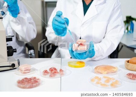 Food lab testing meat quality and safety with scientific analysis, hygiene control, and modern technology for healthy, clean Food lab testing meat quality and safety with scientific analysis, hygiene control, and modern technology for healthy, clean 140584693