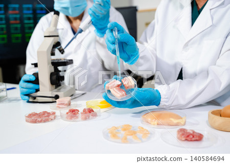 Food lab testing meat quality and safety with scientific analysis, hygiene control, and modern technology for healthy, clean Food lab testing meat quality and safety with scientific analysis, hygiene control, and modern technology for healthy, clean 140584694