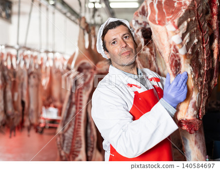 Male butcher in slaughterhouse showing piece of cow carcass Male butcher in slaughterhouse showing piece of cow carcass 140584697