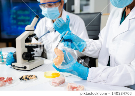 Food lab testing meat quality and safety with scientific analysis, hygiene control, and modern technology for healthy, clean Food lab testing meat quality and safety with scientific analysis, hygiene control, and modern technology for healthy, clean 140584703