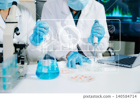 Scientists performing DNA genome analysis using digital tablet interface in biotechnology laboratory for medical research, genetics, pharmaceutical innovation and AI diagnostics. Scientists performing DNA genome analysis using digital tablet interface in biotechnology laboratory for medical research, genetics, pharmaceutical innovation and AI diagnostics. 140584714