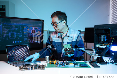 Closeup of expert soldering a green PCB board using precision tools. Ideal for electronics, circuit repair, engineering, tech Closeup of expert soldering a green PCB board using precision tools. Ideal for electronics, circuit repair, engineering, tech 140584728