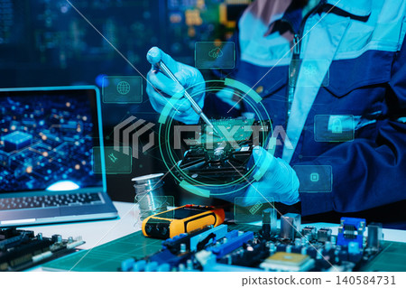 Technician repairing hard drive with futuristic cybersecurity interface, digital storage, AI technology, electronics engineering, and advanced IT workspace. Technician repairing hard drive with futuristic cybersecurity interface, digital storage, AI technology, electronics engineering, and advanced IT workspace. 140584731