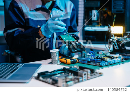 Closeup of expert soldering a green PCB board using precision tools. Ideal for electronics, circuit repair, engineering, tech 140584732