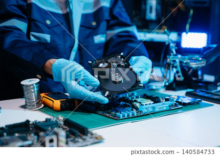 Technician repairing inside of hard disk drive by screwdriver. the concept of data, hardware, technician and technology. computer hardware, repairing, upgrade 140584733