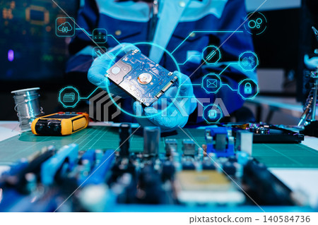 Technician repairing hard drive with futuristic cybersecurity interface, digital storage, AI technology, electronics engineering, and advanced IT workspace. 140584736