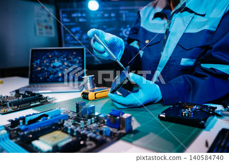 Closeup of expert soldering a green PCB board using precision tools. Ideal for electronics, circuit repair, engineering, tech 140584740
