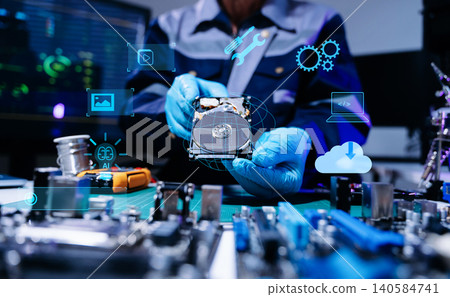 Technician repairing hard drive with futuristic cybersecurity interface, digital storage, AI technology, electronics engineering, and advanced IT workspace. Technician repairing hard drive with futuristic cybersecurity interface, digital storage, AI technology, electronics engineering, and advanced IT workspace. 140584741