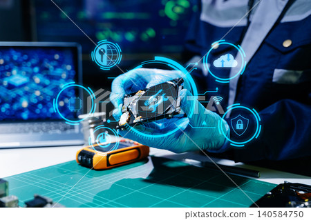 Technician repairing hard drive with futuristic cybersecurity interface, digital storage, AI technology, electronics engineering, and advanced IT workspace. Technician repairing hard drive with futuristic cybersecurity interface, digital storage, AI technology, electronics engineering, and advanced IT workspace. 140584750