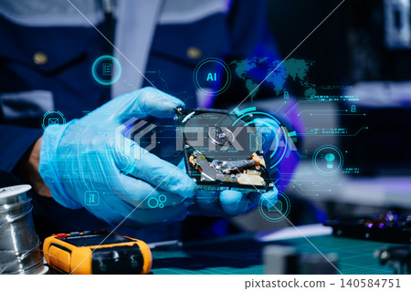 Technician repairing hard drive with futuristic cybersecurity interface, digital storage, AI technology, electronics engineering, and advanced IT workspace. Technician repairing hard drive with futuristic cybersecurity interface, digital storage, AI technology, electronics engineering, and advanced IT workspace. 140584751