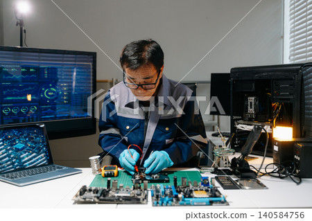Precision hardware repair. An expert technician testing electronic components using a multimeter at a modern workstation with advanced technical displays. 140584756