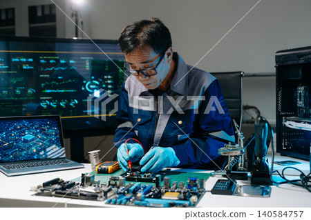 Precision hardware repair. An expert technician testing electronic components using a multimeter at a modern workstation with advanced technical displays. 140584757