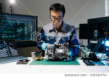 Professional senior technician holding and inspecting computer motherboard at high-tech electronics repair workstation 140584759