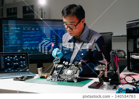 Professional senior technician holding and inspecting computer motherboard at high-tech electronics repair workstation 140584763