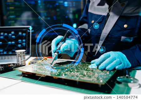Electronics technician repairing circuit board, hardware engineering, PCB maintenance, computer repair and technology development in modern workspace. Electronics technician repairing circuit board, hardware engineering, PCB maintenance, computer repair and technology development in modern workspace. 140584774