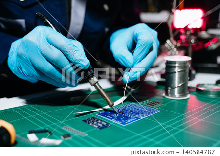 Professional technician soldering power PCB circuit board in electronics lab, showcasing hardware engineering, industrial manufacturing, repair, automation Professional technician soldering power PCB circuit board in electronics lab, showcasing hardware engineering, industrial manufacturing, repair, automation 140584787