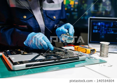 Technician inspecting laptop motherboard using magnifying glass in electronics repair lab, highlighting computer diagnostics, hardware maintenance, engineering Technician inspecting laptop motherboard using magnifying glass in electronics repair lab, highlighting computer diagnostics, hardware maintenance, engineering 140584804