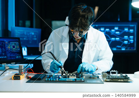 Technician repairing computer motherboard with diagnostic tools in a high-tech electronics lab, focusing on hardware engineering, cybersecurity systems, 140584999