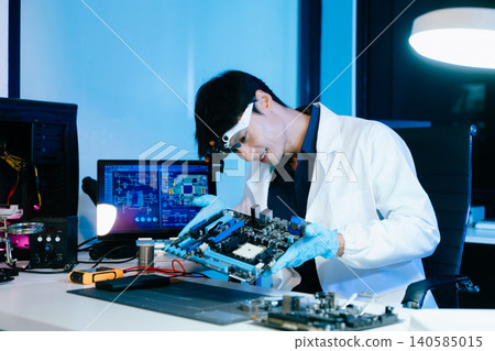 Technician inspecting computer motherboard with magnifying glass in a high-tech electronics lab, focusing on hardware diagnostics, cybersecurity system 140585015