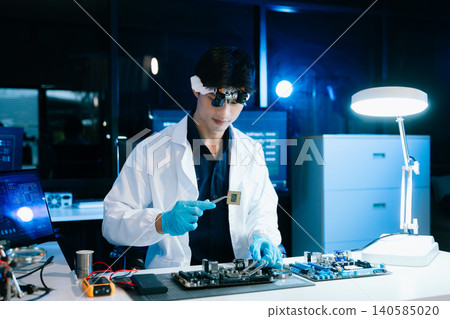 Technician inspecting computer motherboard with magnifying glass in a high-tech electronics lab, focusing on hardware diagnostics, cybersecurity system Technician inspecting computer motherboard with magnifying glass in a high-tech electronics lab, focusing on hardware diagnostics, cybersecurity system 140585020
