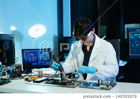 Professional engineer repairing PCB circuit in a modern lab, showcasing electronics, technology, innovation, testing, and advanced 140585079