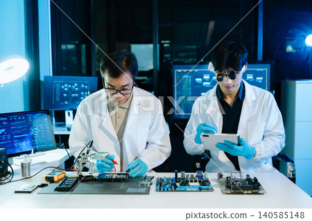 Engineers repairing computer hardware and analyzing data storage systems in a high-tech lab with cybersecurity monitoring, diagnostics, and digital technology Engineers repairing computer hardware and analyzing data storage systems in a high-tech lab with cybersecurity monitoring, diagnostics, and digital technology 140585148
