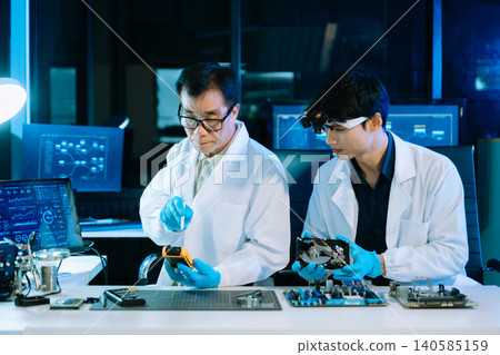 Engineers examining hard drive and motherboard in a technology lab, focusing on data storage, cybersecurity, diagnostics, and computer hardware repair Engineers examining hard drive and motherboard in a technology lab, focusing on data storage, cybersecurity, diagnostics, and computer hardware repair 140585159