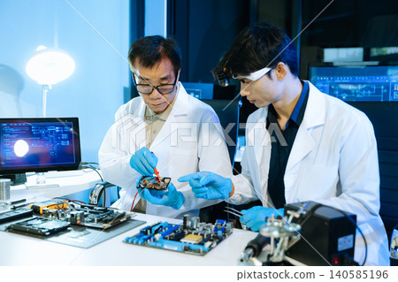 Technicians repairing hard drive and computer hardware in technology lab, focusing on data recovery, diagnostics, and electronic maintenance Technicians repairing hard drive and computer hardware in technology lab, focusing on data recovery, diagnostics, and electronic maintenance 140585196