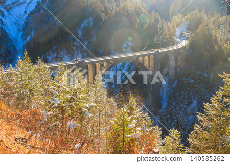 View of Wiesen Viaduct, Rhaetian railway, Graubunden in Switzerland at winter 140585262