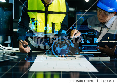 Engineers Monitoring Smart Renewable Energy System with Solar Technology Engineers Monitoring Smart Renewable Energy System with Solar Technology 140585303