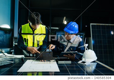 Engineers analyzing solar panels and wind turbine model with digital energy data. Concept of renewable energy, sustainable technology, green power innovation 140585304