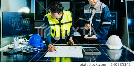 Engineers analyzing renewable energy project with wind turbine model and solar panels, reviewing digital blueprint on computer. Engineers analyzing renewable energy project with wind turbine model and solar panels, reviewing digital blueprint on computer. 140585341