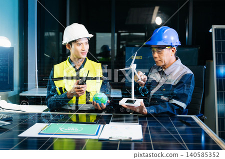 Engineers planning solar energy system for net zero goals. Renewable power, sustainability, green technology Engineers planning solar energy system for net zero goals. Renewable power, sustainability, green technology 140585352