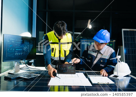 Two business professionals shaking hands over a laptop and tablet, representing a successful partnership, deal closing, and collaboration 140585397