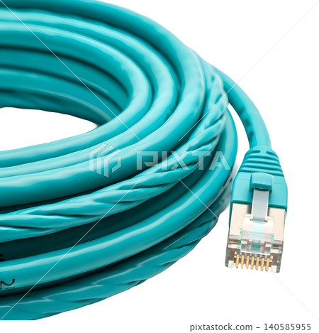 Turquoise ethernet cable coiled on a white background, network technology Turquoise ethernet cable coiled on a white background, network technology 140585955