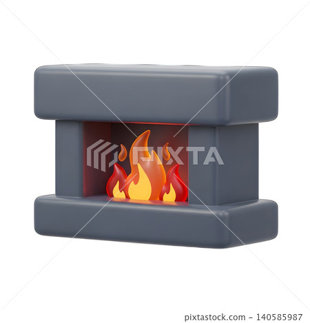 3D cartoon fireplace with roaring fire on black background 3D cartoon fireplace with roaring fire on black background 140585987
