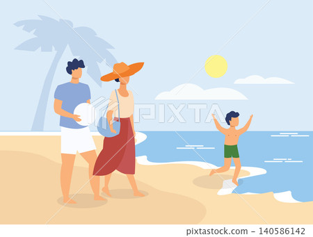 Family Beach Vacation Scene with Parents and Child Playing by the Sea. Stock Illustration Family Beach Vacation Scene with Parents and Child Playing by the Sea. Stock Illustration 140586142